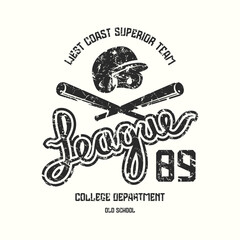 College baseball league emblem. Graphic design with rough texture for t-shirt. Black print on white background
