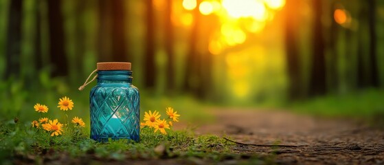 Fototapeta premium [Outdoor picnics spots walks] Serenene Sunset: Warm Glass Jar in Nature's Peaceful Haze