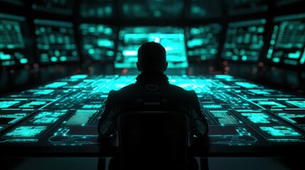 A silhouetted figure sits before a high-tech console illuminated with vibrant blue screens, evoking a futuristic control room atmosphere.