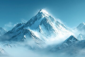 Obraz premium Majestic Snow-Capped Mountain Peaks Rising Above Clouds in a Serene Blue Sky Landscape