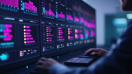 A person analyzes colorful data visualizations on multiple screens, focusing on performance metrics and analytics in a tech-driven environment.