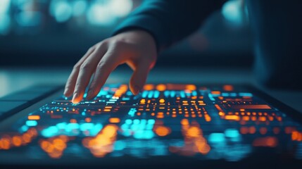 Fototapeta premium A hand interacts with a glowing interface featuring vibrant blue and orange patterns, suggesting a high-tech environment or digital control panel.