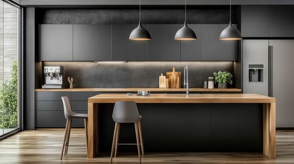 [Modern Kitchen Island Design Ideas] Modern Dark Kitchen with Brushed Metal Fixtures & Wood Floor Pendant Lighting