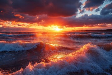 Stunning Sunset Over Ocean Waves with Dramatic Clouds and Vibrant Colors Capturing the Beauty of Nature's Evening Light
