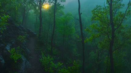 Obraz premium Serene sunrise through misty forest, sunlit path, lush green foliage, tranquil woodland scene, nature photography.