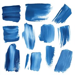 A collection of hand-painted blue brush marks and strokes isolated on a white background.