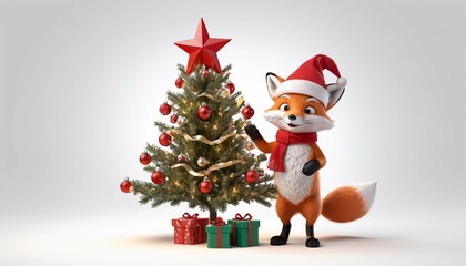 A 3D cheerful red fox wearing a Santa hat and a scarf, while placing a shiny star on top of a beautifully lit Christmas tree