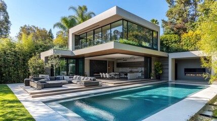 Fototapeta premium Modern luxury villa with swimming pool and garden showing indoor-outdoor living