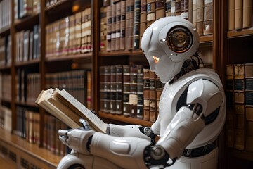 Fototapeta premium Futuristic Robot Reading in a Library Setting Suggestive of Knowledge and AI