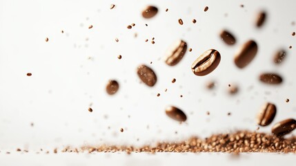 Fototapeta premium Close-up of scattered coffee beans and powder, highlighting their rich textures and earthy tones
