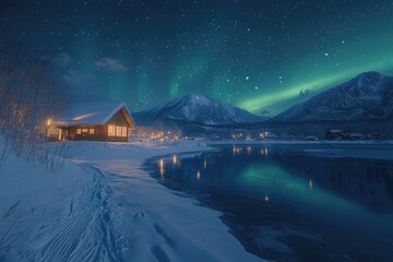 Cozy wooden cabin reflecting aurora borealis over frozen lake in snowy mountains
