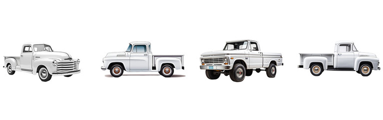 Collection of white vintage pickup truck isolated on a transparent background.