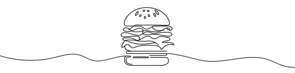 One continuous line illustration of a hamburger, isolated on white background. Line art of a hamburger.