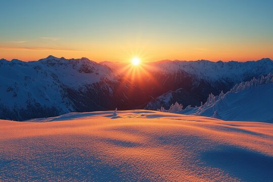 Bright orange sunset illuminating snowy mountain peaks and valley - Powered by Adobe