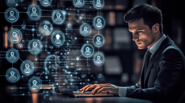 [Corporate Professional Organizational Network Diagram] High-Tech Control Room Surveillance: Data Analysis Expert Intently Examines Laptop in Front of Holographic Displays Featuring Multiple Faces