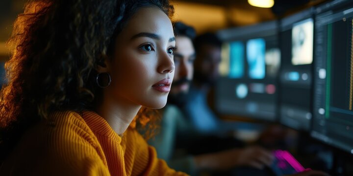 Focused young woman working on editing software in an illuminated studio environment.