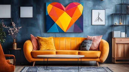 Geometric heart canvas wall, bold lines and triangles forming a heart, bright color contrast 