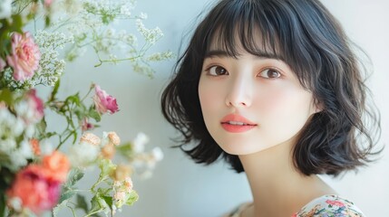 Fototapeta premium Close-up portrait of a young woman with short hair, exuding a fresh and natural look, set against a floral and serene background.