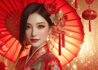 Magnificent beauty in classic red traditional Chinese attire, holding a vivid umbrella, standing in the enchanting and warm fantasy air of a Lunar Spring Festival.