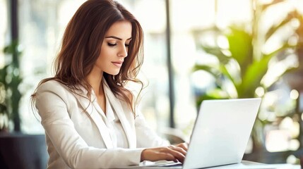 Fototapeta premium Young professional woman sitting outdoors, using a laptop, surrounded by greenery, symbolizing remote work and modern productivity.