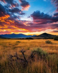 Obraz premium [Serene Sunset Over Desert Plains] Serene Sunset Landscape with Majestic Mountains Reflecting on Calm Water