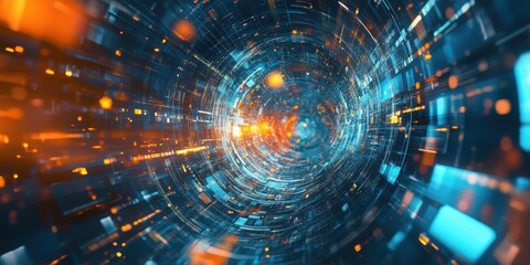 Vibrant digital tunnel with glowing particles, creating an abstract tech background.
