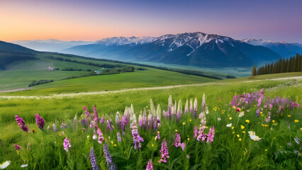 Fototapeta premium spring landscape panorama with flowering flowers on meadow