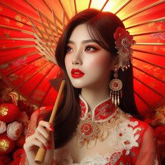 Exquisite beauty in vibrant Chinese traditional red clothing, carrying a colorful umbrella, basking in a dreamy and warm fantasy air of a magical Lunar New Year celebration.