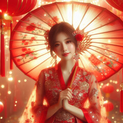 Magnificent woman in radiant red traditional Chinese dress, carrying a colorful umbrella, basking in the warm and dreamy air of the Lunar New Year spring festival.
