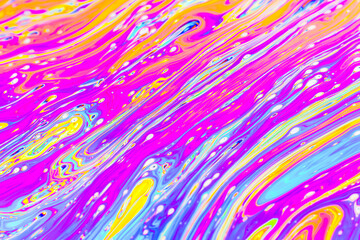 Real photograph of a colorful light interference on a soap bubble surface with random swirls,...