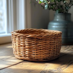 Fototapeta premium Woven Wicker Basket on Wooden Surface