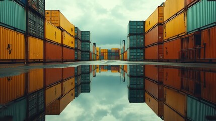 Fototapeta premium Reflection of cargo containers in a calm body of water, creating a mirrored image, [shipping yard], [reflection and symmetry] 