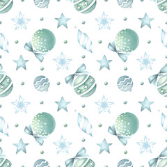 Christmas glass tree balls with bow watercolor isolated seamless pattern in green and blue colors. Hand drawn round and star shape decorations for New Year festive packaging, textile and designs.