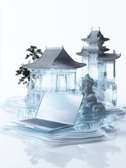 A huge laptop is located in the center of the picture,  chinese style landscape composed of transparent glass material, with floating ancient buildings and pine trees in the background.