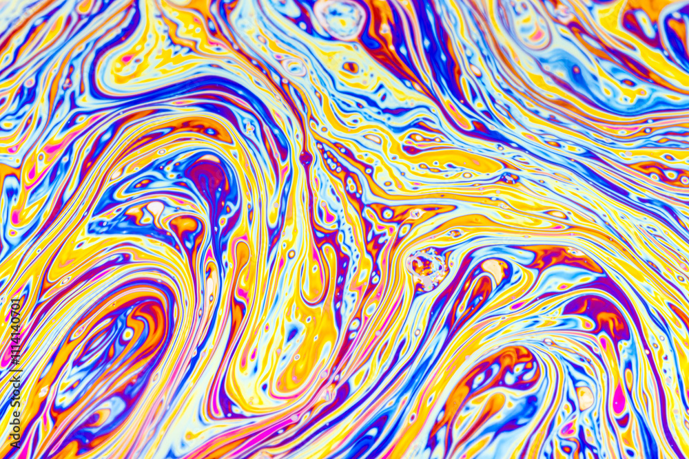 Wall mural real photograph of a colorful light interference on a soap bubble surface with random swirls, curves