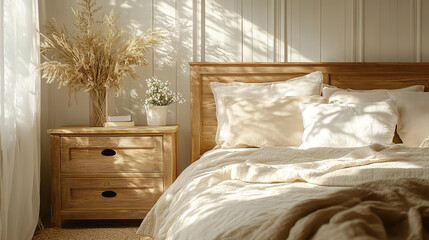 Minimalist farmhouse decor showcasing a rustic bedside cabinet and neutral-toned bedding