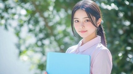 Fototapeta premium [Professional woman on campus] Young woman gazing upwards outdoors with tablet or book, serene landscape background.