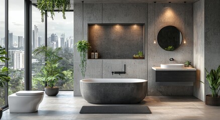 Fototapeta premium Luxurious modern bathroom with freestanding tub and concrete walls in elegant apartment with city view