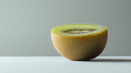 Half Kiwi with Vivid Green Flesh on White Background