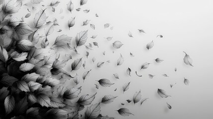 A minimalistic black and white illustration of falling autumn leaves.