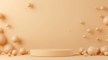Fototapeta premium A minimalist, beige backdrop featuring a circular pedestal surrounded by floating spheres, creating a clean and modern aesthetic.