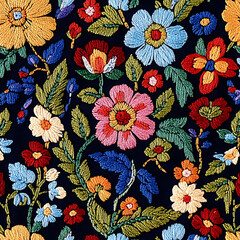 Vibrant floral embroidery featuring colorful flowers on dark background, showcasing intricate stitching and rich design. Perfect for textile art enthusiasts