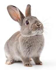 Fototapeta premium Pretty grey netherland dwarf rabbit, Looking at camera with blue eyes. Isolated on a white&nbsp;background.