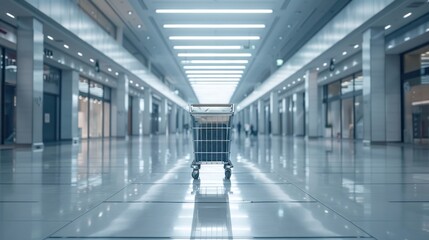 Fototapeta premium A shopping cart stands alone in a modern, spacious mall corridor.