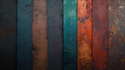 A textured wall featuring vertical strips of varying colors, including teal, rust, and dark shades, evoking a rustic and industrial feel.