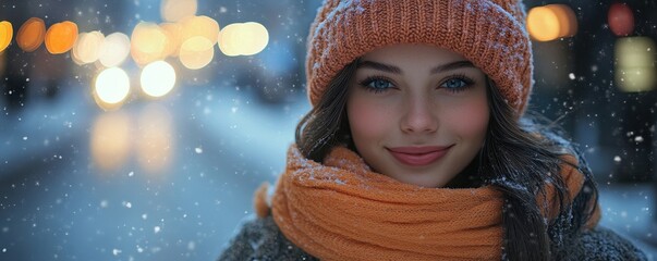 A stylish young woman with a warm smile, wrapped in a cozy knit hat and scarf, stands on a snowy city street, embodying winter fashion and urban style.