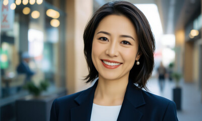 confident woman in business suit smiles warmly in urban setting, showcasing professionalism and approachability. Her hairstyle and makeup are polished, reflecting modern office environment