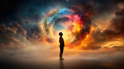 A silhouette of a dreamer dissolves into an energy vortex of vibrant colors, transcending the limits of the physical form. Set in a surreal dream world that evokes cosmic transcendence and mystical 