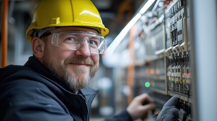 Smiling industrial electrician with safety gear working on electrical panel inside a facility