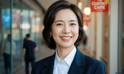 confident senior office woman smiling in modern workspace, showcasing professionalism and approachability. Her attire is formal, reflecting business environment